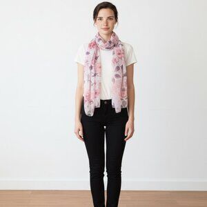 Korean Dress Scarf in Pastel Pink with Purple and Orange Leaves - NWOT